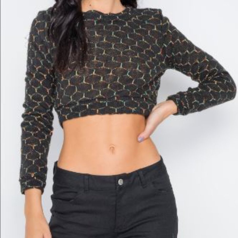 #2 Black Hexagon Pattern Cropped Pullover Long Sleeve Knit Top - Picture 2 of 3